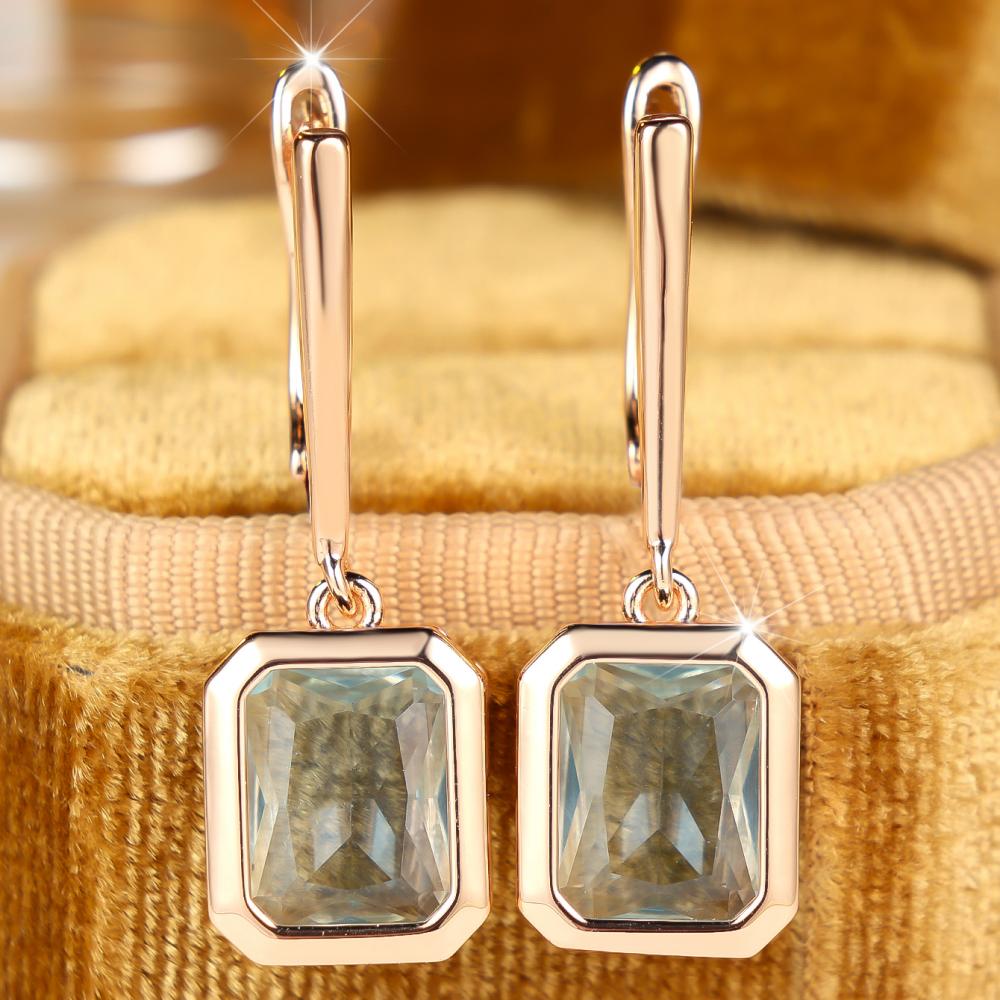 Dazzling Gold Color Rectangular Zircon Dangle Earrings for Women Daily Wear and Party