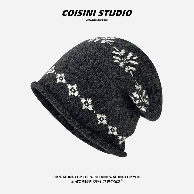 Women S Fair Isle Knit Slouch Hat Cuffed Autumn Winter Versatile Face Slimming Hat