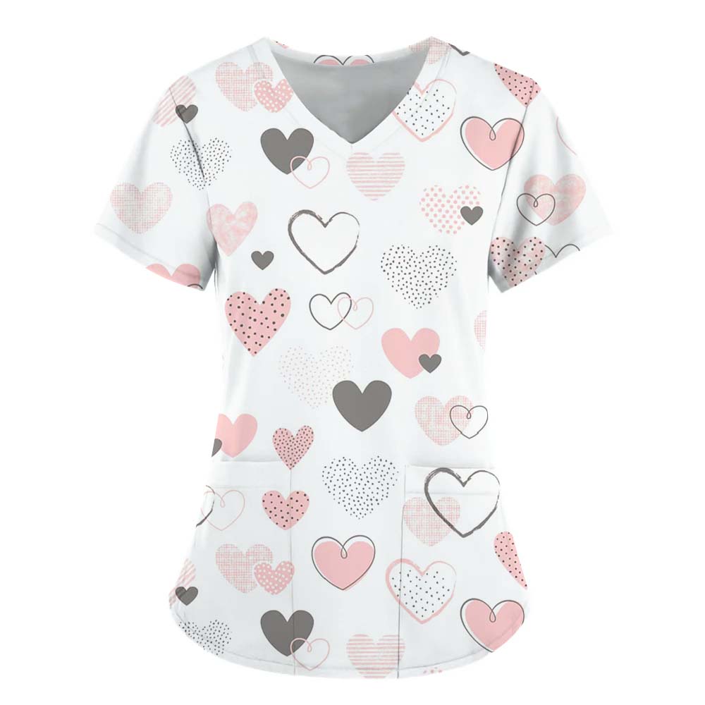 Women Working Uniform Smile Heart Print Cartoon Cat Dog Short Sleeve V-neck Tops Femme Blouse Nurse Work Wear Medical Uniforms