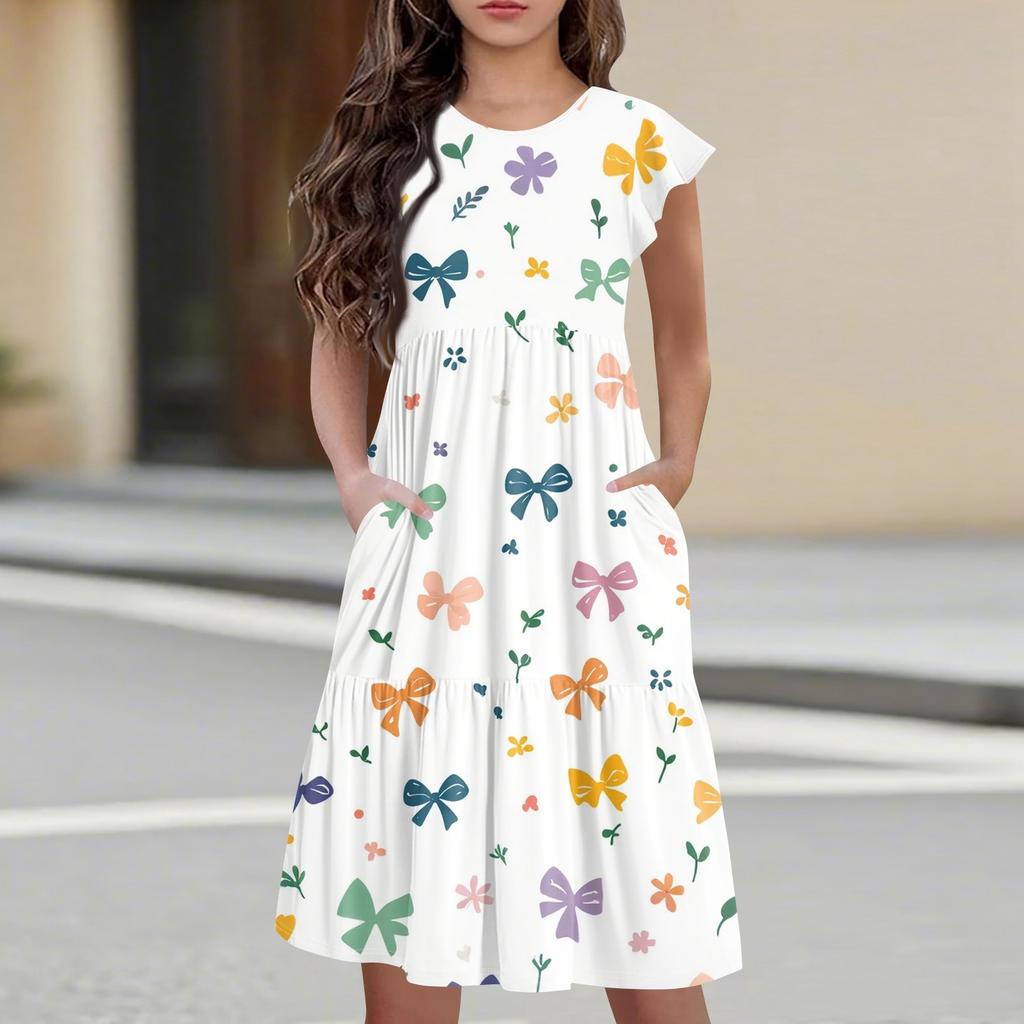 Детская юбка с круглым вырезом, плиссированная, с коротким рукавом, юбка принцессы, модное повседневное платье с карманами для девочек