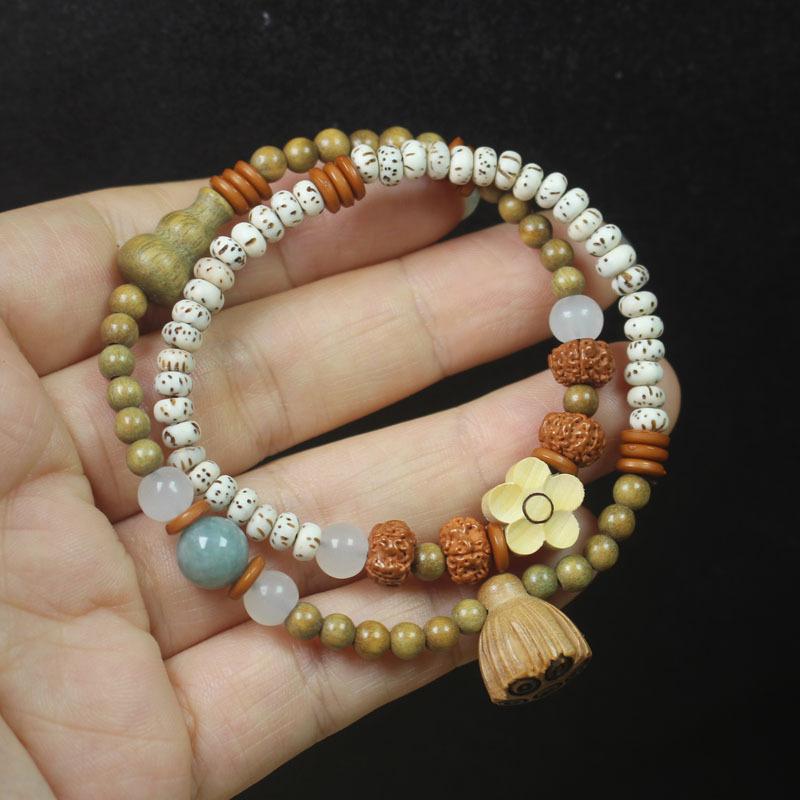 Green Sandalwood Chinese Style Double Loop Bracelet, Flower & Bodhi Prayer Beads Mala, Jewelry & Gift for Women