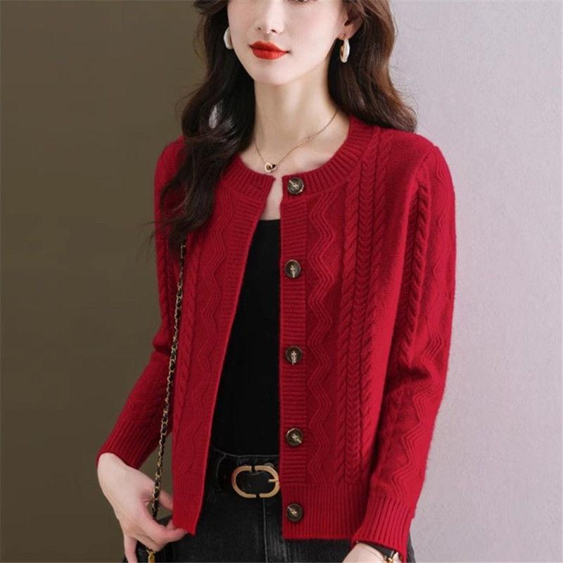 Round Neck Wool Cardigan Coat Women's Fried Dough Twists Temperament Knitwear Sweater Short Autumn and Winter