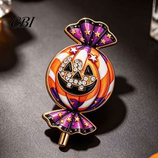 Metal Badge Pin Halloween Rhinestone Pumpkin Candy Brooch, Men Women Alloy Lapel Pin, Sweater Cardigan Coat Clothing Accessories, Costume Jewelry