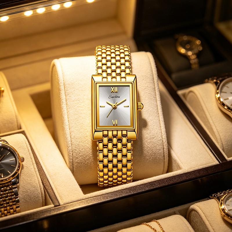 SUNKTA Retro Square Watch Women's Gold Watch Light Luxury Temperament Quartz Watch Versatile Commuting Waterproof Watch+BOX