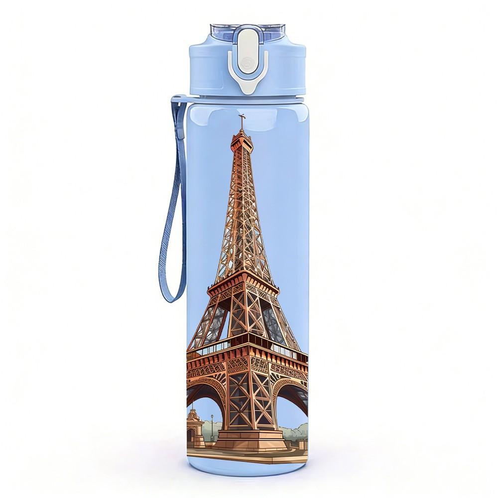 1PC Eiffel Tower Paris Landmark 750ml Color Plastic Sports Water Bottle Leakproof Flip Straw Lid Suitable for Sports Office Home Use
