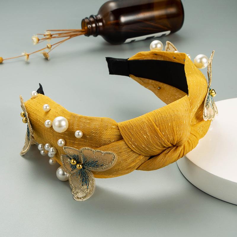 Женская кружевная повязка на голову для мытья лица с бабочкой и жемчугом, однотонная повязка на голову с широким краем и крестообразным узлом