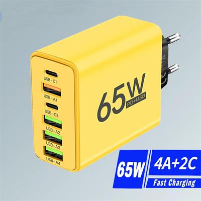 Зарядное устройство USB 65 Вт, 6 портов PD Type C, адаптер для быстрой зарядки для iPhone 13, 14, 15, Samsung, Xiaomi, Huawei, настенное быстрое зарядное устройство для мобильного телефона
