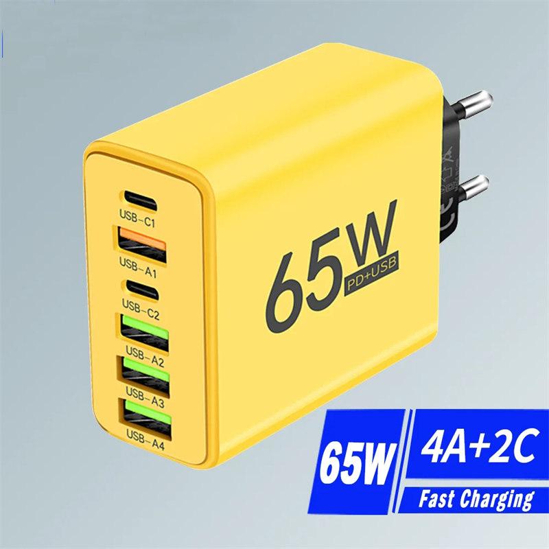 Зарядное устройство USB 65 Вт, 6 портов PD Type C, адаптер для быстрой зарядки для iPhone 13, 14, 15, Samsung, Xiaomi, Huawei, настенное быстрое зарядное устройство для мобильного телефона