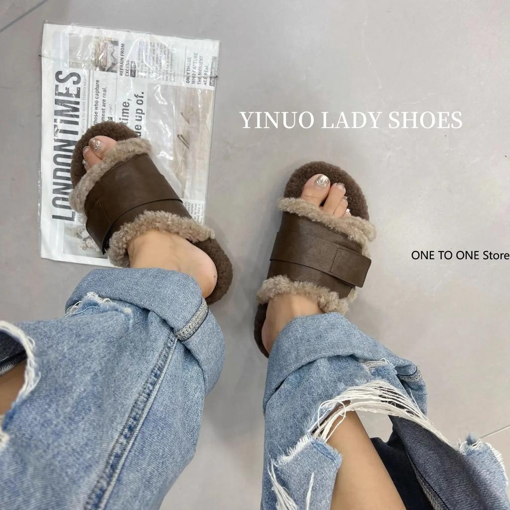 Shoes Slippers Flat Med Slides Cover Toe Platform Fur Flip Flops Flock Plush Genuine Leather Rubber Rome PU with Fur Short