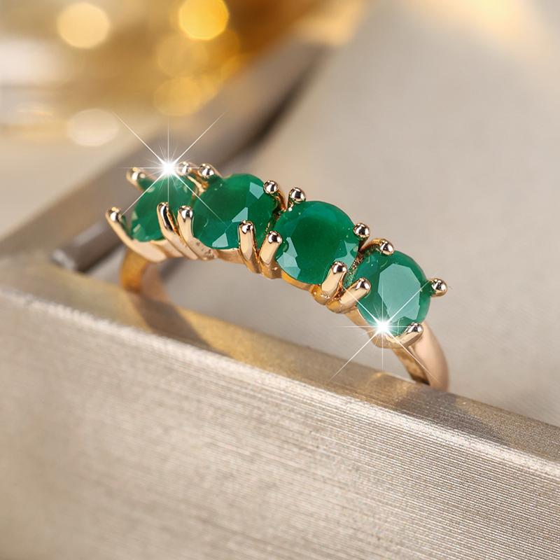 Elegant Four-prong Round Green Zircon Ring for Women Gold Color Ethnic Rings Wedding Jewelry Accessories