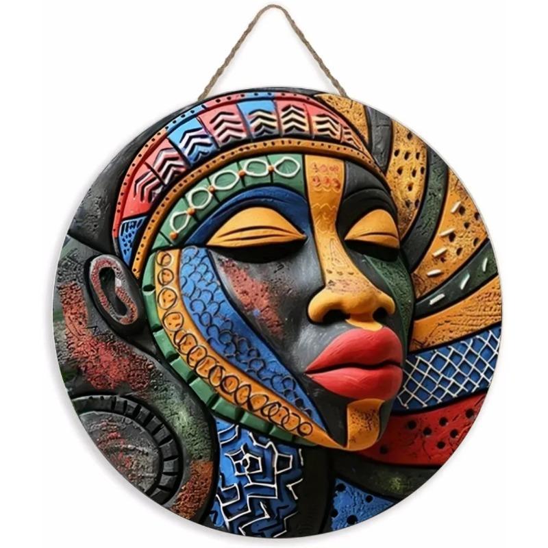 Wood Unique African Mask Circular Wooden Sign with Artistic Design, Suitable for Door, Wall, Home, Room, Farmhouse, Street, Shop, Garage, Bar, Garden