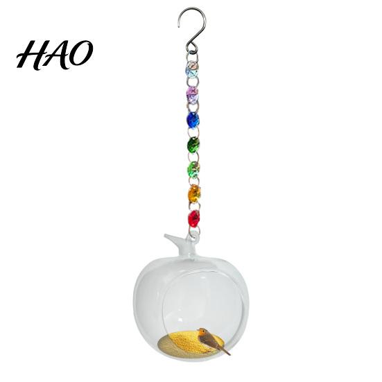 Decorative Glass Bird Feeder Fruit Feeder, Clear Pear with Metal Faux Crystal Chain Feeding Station Hanging Chain, Wild for Garden Patio Backyard