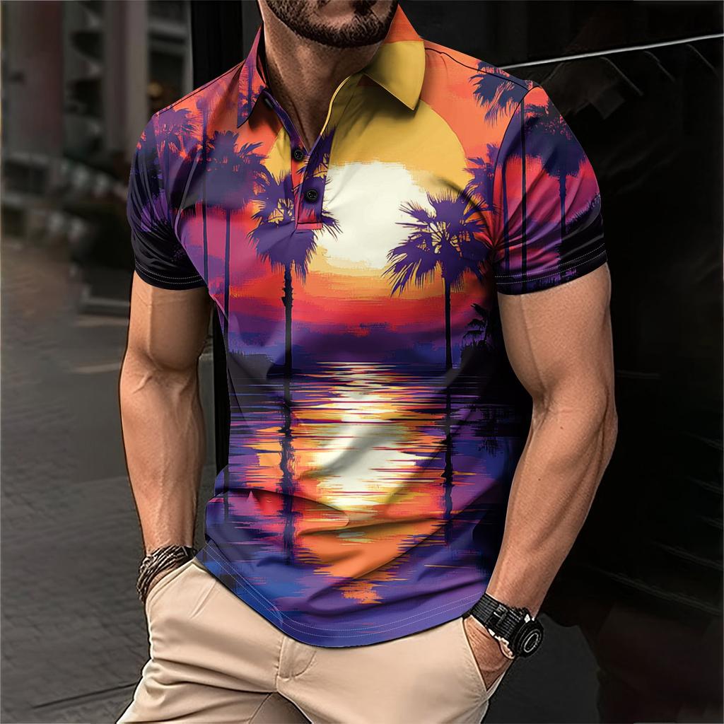 Мужская рубашка для гольфа с гавайским принтом, повседневная спортивная, с V-образным вырезом и коротким рукавом