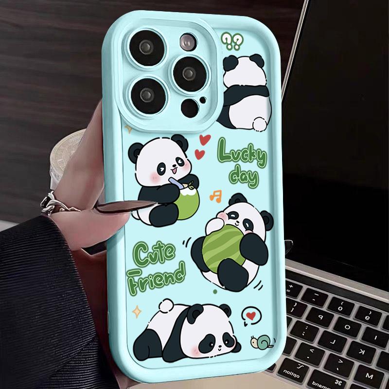 Lucky Panda Pattern Solid Color Shell для iPhone 16 Pro 15 14 Plus 13 12 Pro Max 11 Xs Xr 8 7 Ударопрочный мягкий TPU защитный чехол для объектива от падений