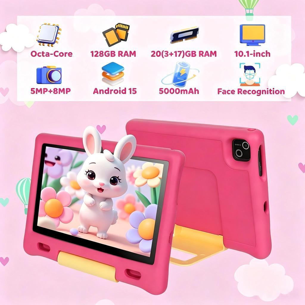 Детский планшет Android 15, 10,1 дюйма, HD-дисплей 1280×800, 20 ГБ ОЗУ + 128 ГБ ПЗУ, камера 5 МП + 8 МП