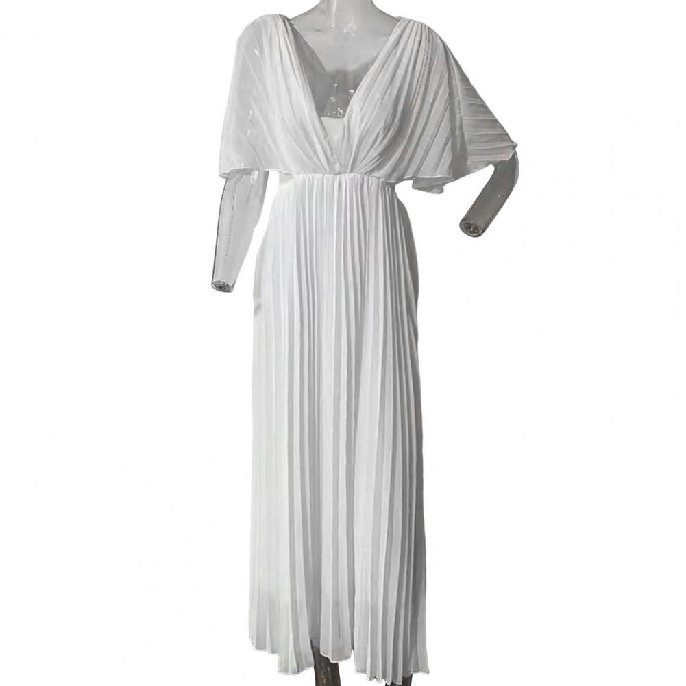 Women Dress Elegant Pleated V Neck Maxi Dress for Women Dolman Sleeves Evening Gown with Slim Waist Full Length Skirt for Party