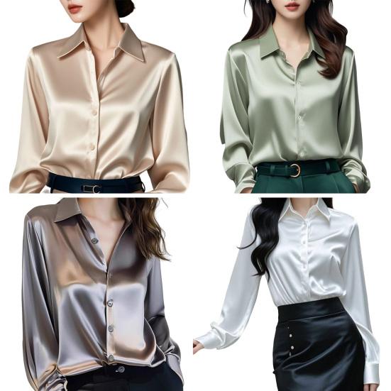 Женская рубашка однотонная гладкая атласная с длинным рукавом и лацканами, повседневные топы Single