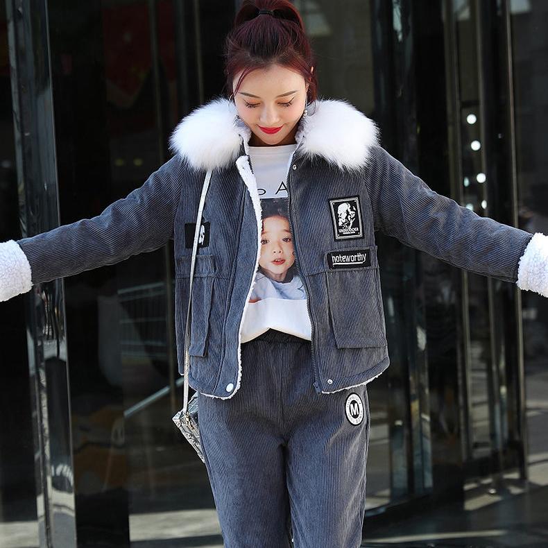 Женский зимний костюм, осенняя студенческая вельветовая куртка из овечьей шерсти, бархатный утолщенный повседневный комплект из двух предметов с капюшоном, пальто