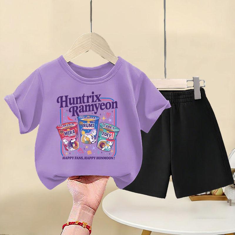 Summer Children's Casual Outfits K POP Girls O Neck Short Sleeve Tops Stes Kids Elastic Waist Shorts Set T Shirt and Bottom 2pcs