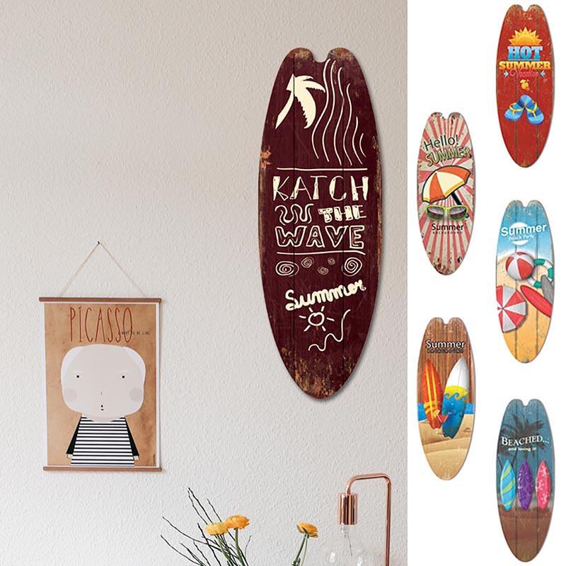 1PC Sea Surfboard Summer Beach Ocean Theme Decorative Wooden Printed Welcome Door Sign Home Board Vintage