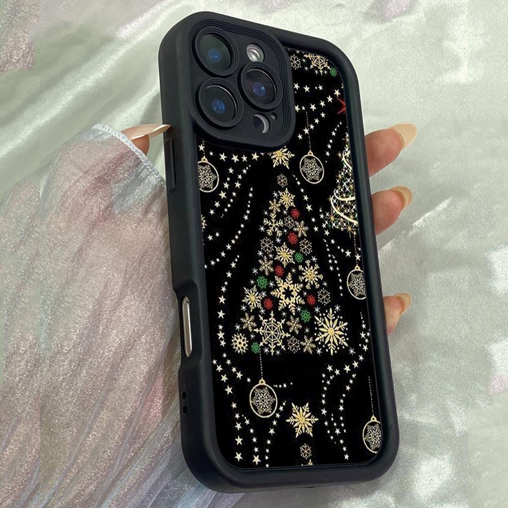JT135 Рождественская Черно-Золотая Снежинка Дерево для iPhone 17 16 15 Pro Max Samsung S26 S25 Ultra A17 A16 A07 A56 Xiaomi 15T Redmi 15c 14c 13C Мягкий Чехол