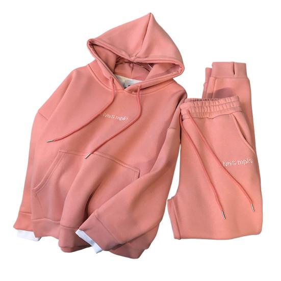 2 шт./компл. с длинными рукавами и вышивкой на шнурке, с буквенным принтом, эластичной резинкой на талии, карманами на флисовой подкладке, повседневная одежда, женская зимняя однотонная одежда