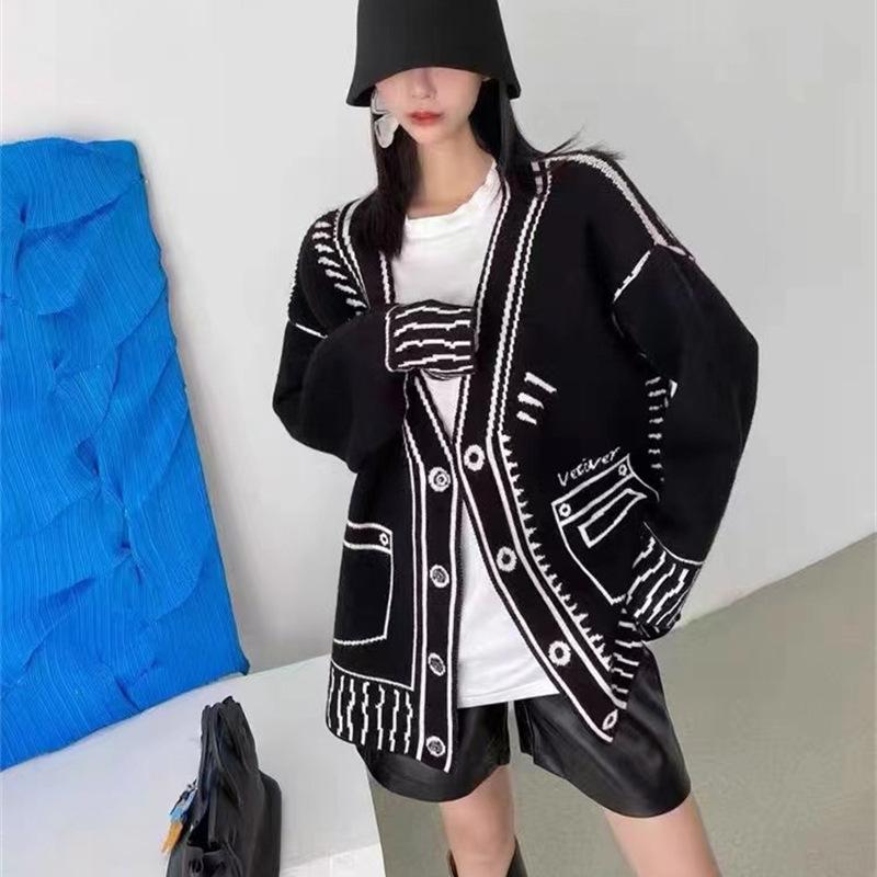 Sweater Female Fall and Winter Black and White Silhouette Loose Lazy Cardigan Jacket Knitted Tops Female Comfortable Versatile and Fashionable