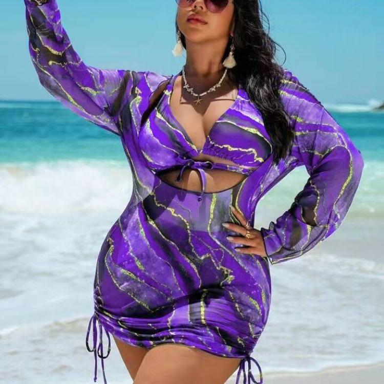 2026 New Plus Size Women Printed Bikini Three Piece Set Fashion Split Printed Swimwear Ladies Beach Bathing Suit