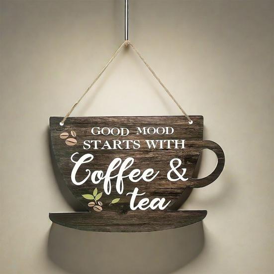 Деревянная подвесная табличка «Кофейная чашка» «Хорошее настроение начинается с кофе» «Чай» Дверная табличка Кухня Кафе Кофейный уголок Настенное украшение Орнамент