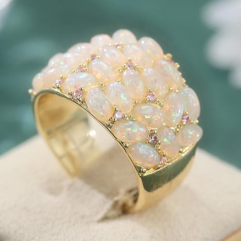 Aesthetic Inlaid Imitation Opal Stone CZ Women's Ring Trendy Gold Color Geometry Daily Wear Party Jewelry Anniversary Gift