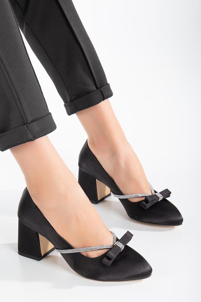 Женские большие туфли из атласной кожи больших размеров с бантиком и высоким каблуком