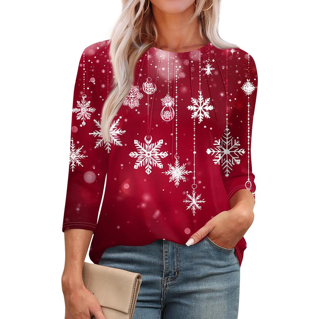 Women's Fashionable Round Neck 3/4 Sleeve Christmas Prints Casual Basic Pleated Pullover T-shirt Top