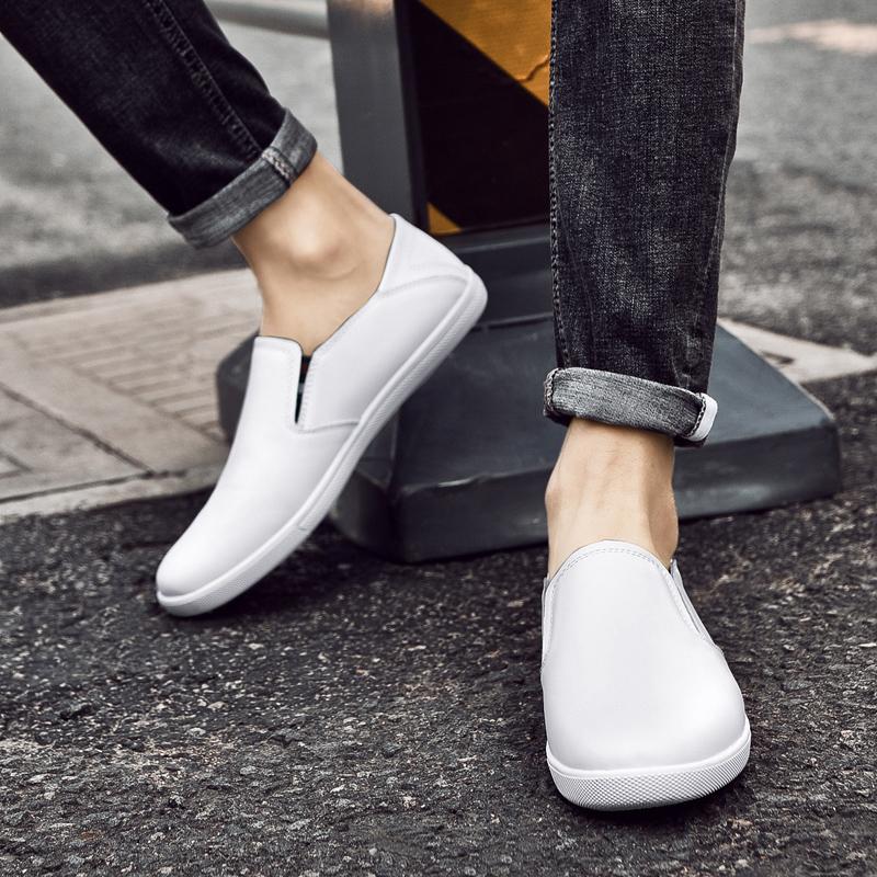 Spring Men's White Flat Loafers Casual Shoes Fashionable Outdoor Hiking Shoes Comfortable and Breathable Genuine Leather Shoes