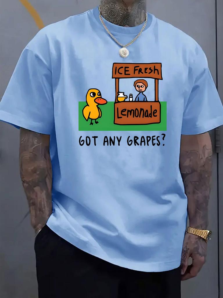 Unisexs Light Blue Loose Cotton Tee Got Any Grapes Duck Lemonade Stand Cartoon Crew Neck Short Sleeve Casual Street Male Top