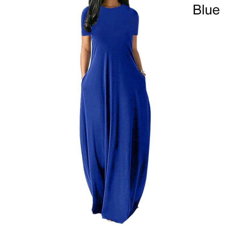 Elegant Women Casual Beach Dress Loose O Neck Long Summer Short Sleeve Evening Party Dress