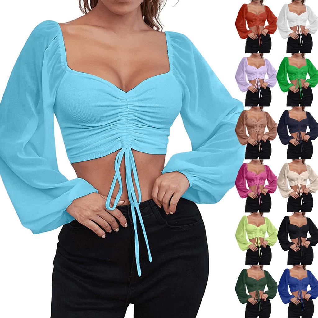 Ladies Casual Solid Color Square Neck Pullover Mesh Splicing Sexy Fashion Top