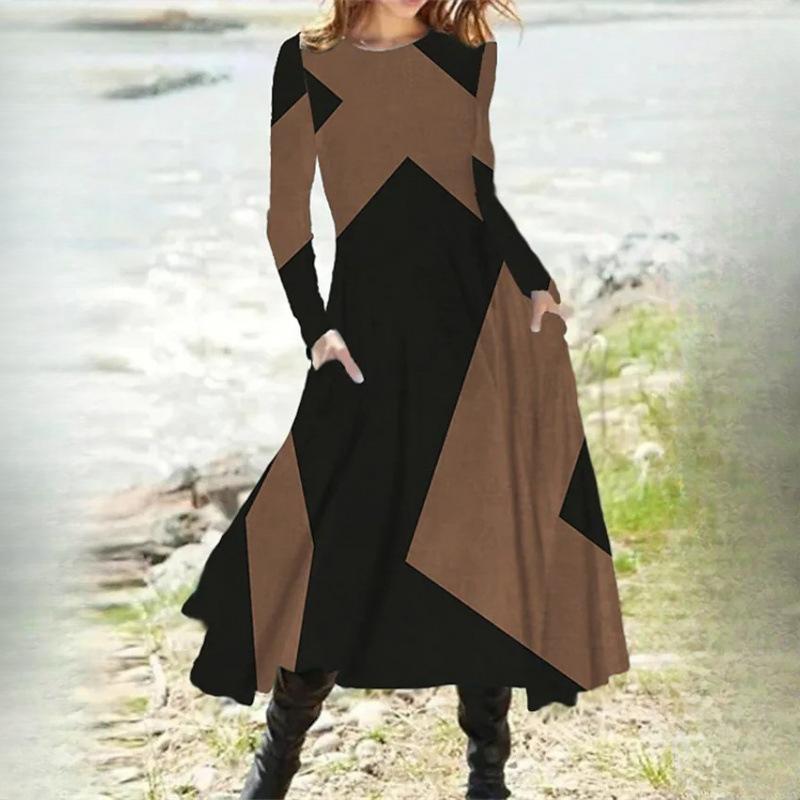 Женские повседневные этнические винтажные модные осенне-зимние платья с длинным рукавом свободного покроя
