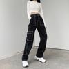 White Thread Black Cotton Jeans Women Casual Loose Straight Long Trousers Ladies Harajuku Punk Fashion Pants