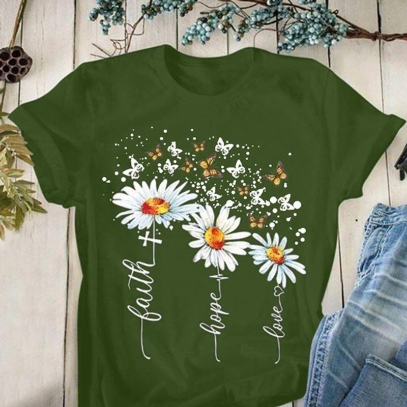 Sleeved Womens Summer Tshirt Short Round Neck Casual Flower Loose Anime Print Shirt
