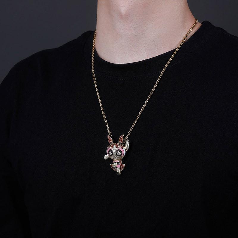 Cartoon Powerpuff Girls Pendant Necklace Color Zircon Hip Hop Style Jewelry Women Men