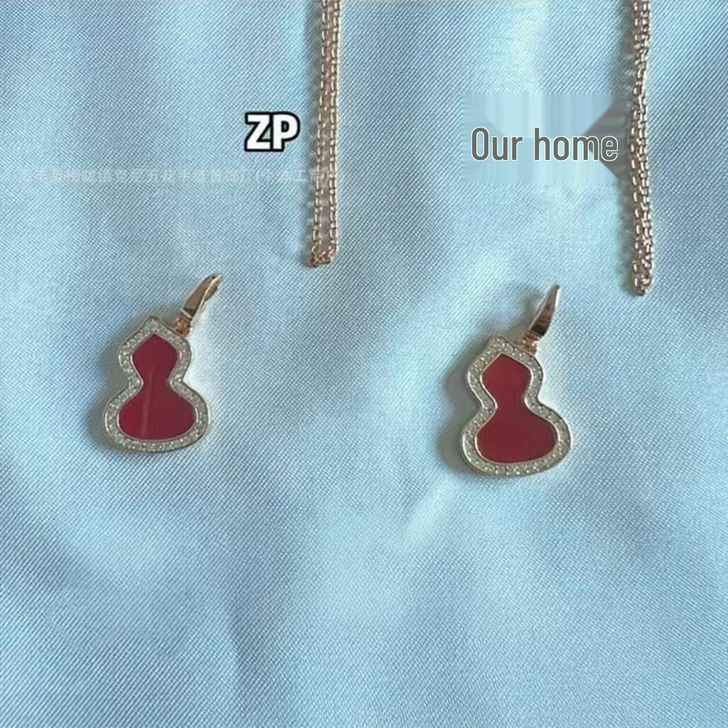 18K Rose Gold Red Gourd Necklace with Green Jade & Diamond - Chinese Style Red Qilin Design