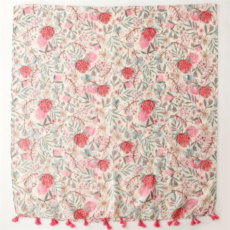 2024 Four Seasons Хлопок и конопляная текстура шарф, маленький свежий розовый растительный цветок кисточка шелковый шарф, теплая шаль для женщин