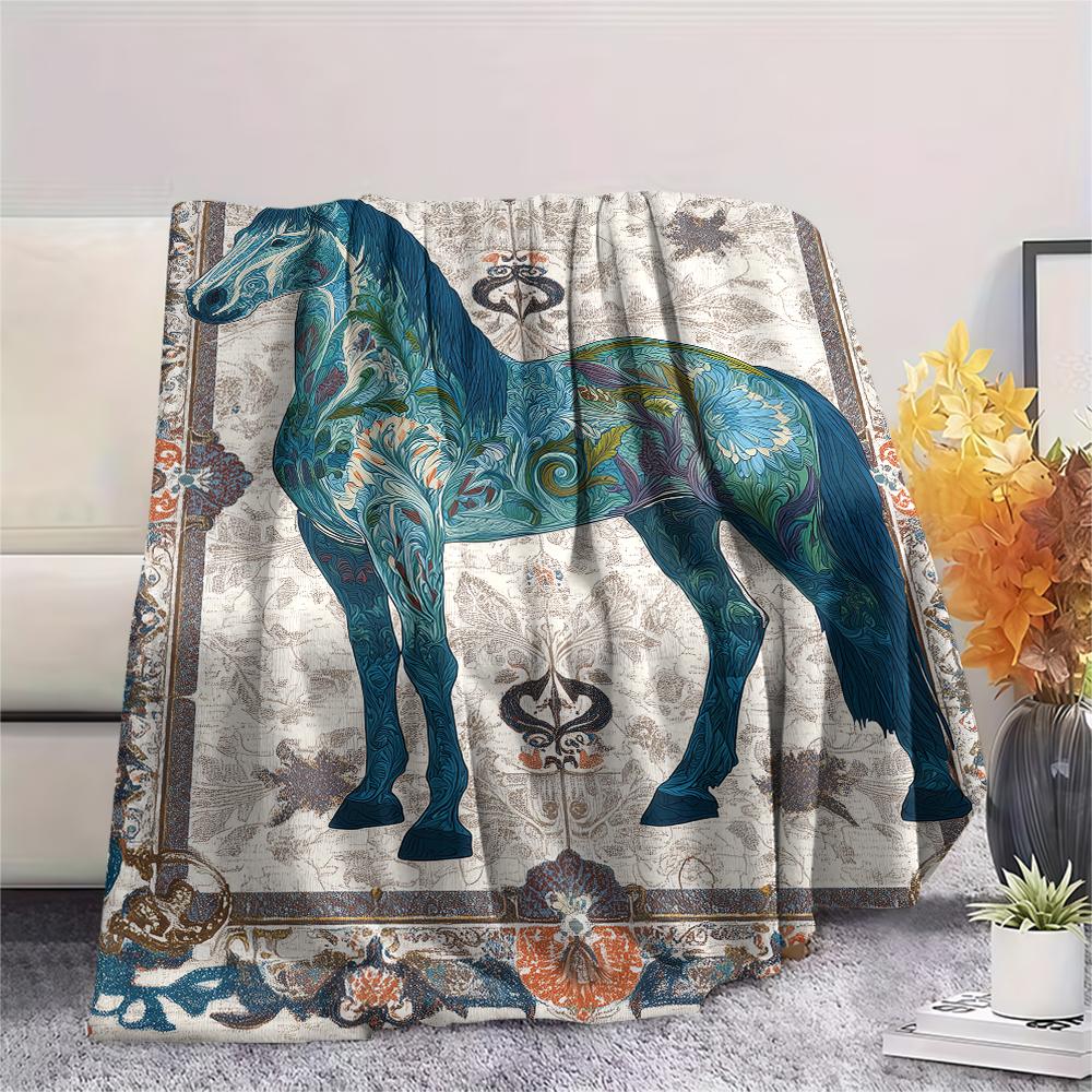 Flower Horse Print Flannel Blanket, High quality Comfortable for All Seasons, Home Decor, Warmth and Comfort, Perfect for Christmas Gifts