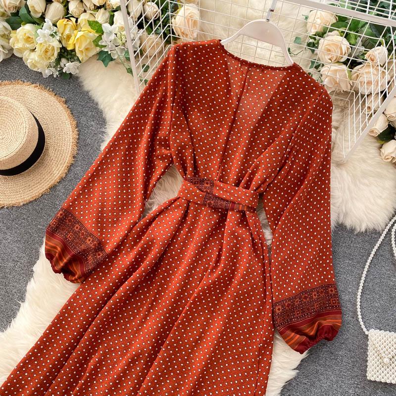 Ретро принт с кружевной талией, темпераментным v-образным вырезом, длинное платье с рукавами воздушного пузыря, женское осенне-зимнее платье