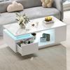 100*50*36cm Coffee Table with Drawer, LED Side Table, Living Room Table with Four Side Storage Compartments and a Cut-Out Design in the Middle. White