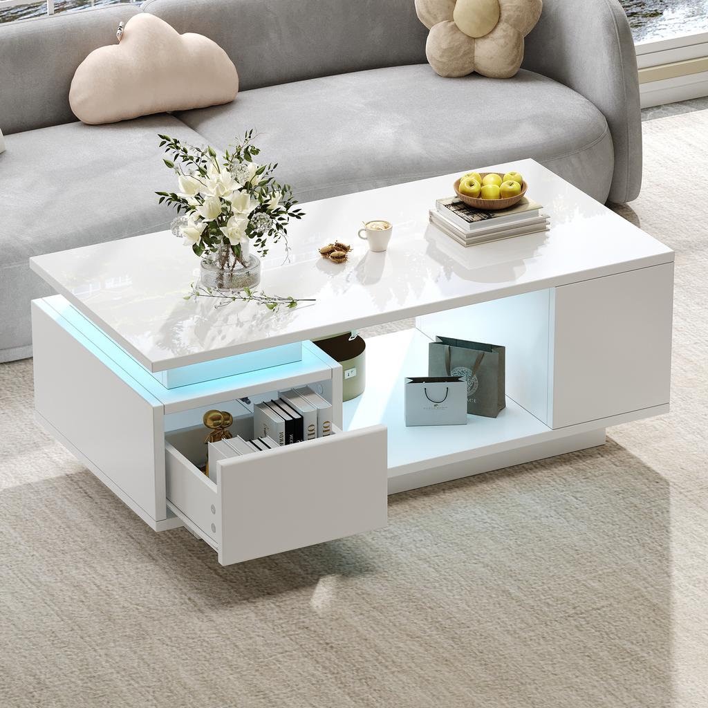 100*50*36cm Coffee Table with Drawer, LED Side Table, Living Room Table with Four Side Storage Compartments and a Cut-Out Design in the Middle. White
