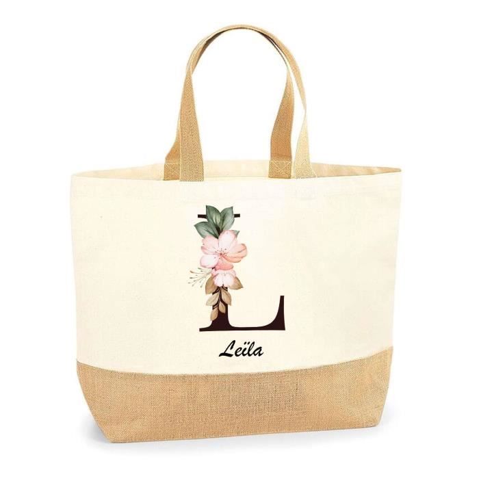 Sac Jute Leïla Lettre Fleur Cabas de Plage Femme