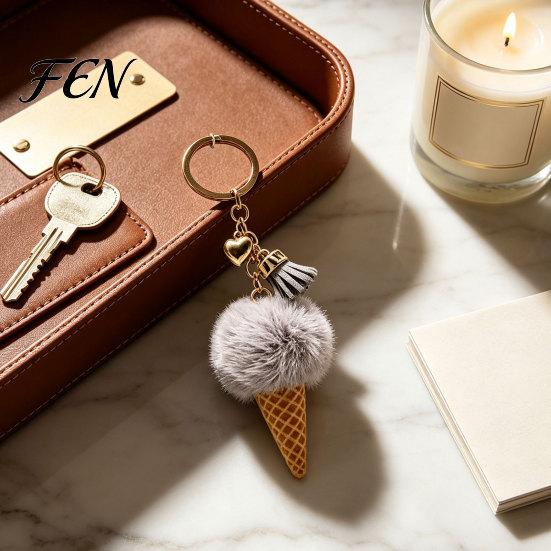 Decorative Ice Cream Pendant Plush Keychain for Backpacks, Fluffy Cone Handbag Hanging Accessory Bag Charm, with Metal Ring Decor