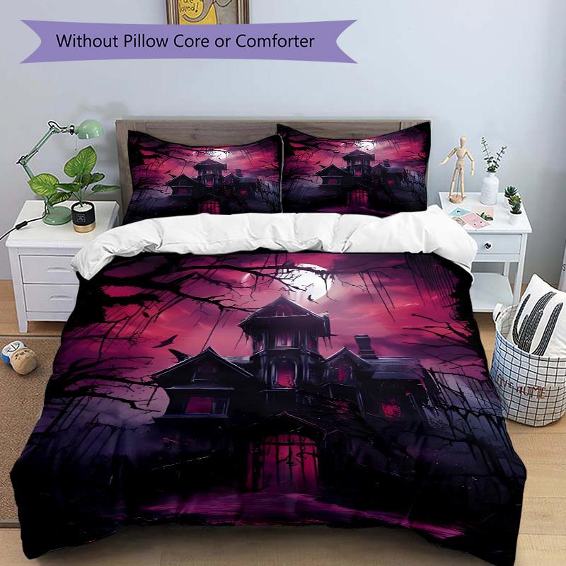 3pcs Haunted House Moonlit Bedding Set, Includes Without Pillow Inserts, Soft Comfortable Bedding Set,All-Season Use a0924042