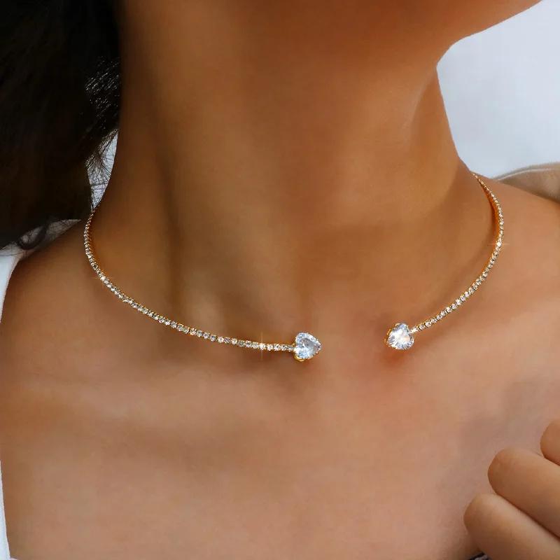 Choker Necklace Fashion Rhinestone Heart Collar For Women Simple Open Collar Golden Necklace For Women Choker Necklace Jewelry